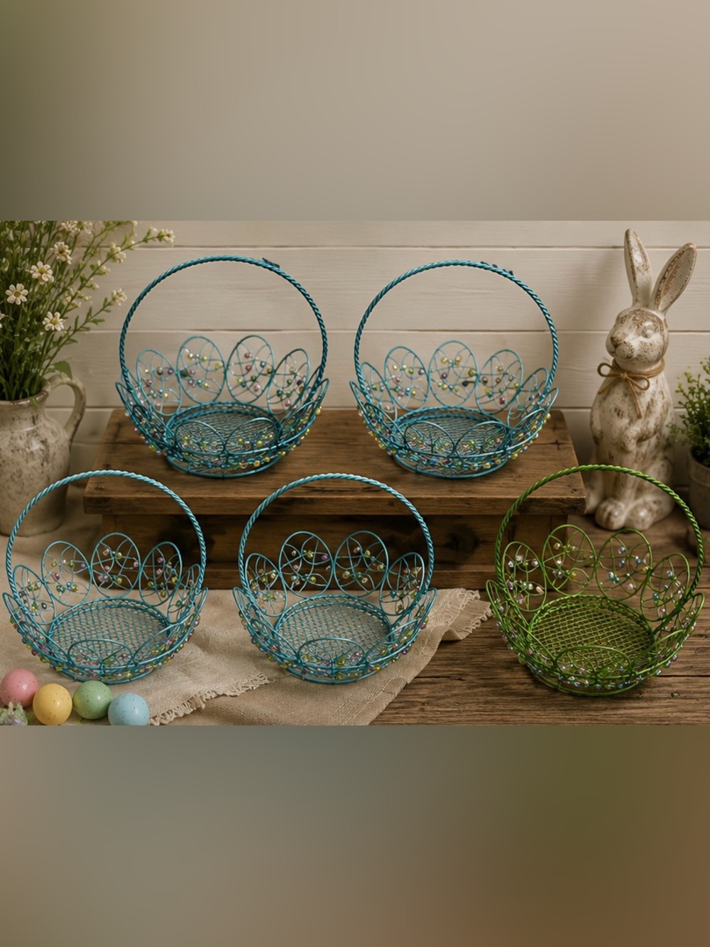 Easter Wire Basket Set Beaded Metal Baskets Set of 6 Bunny Decor